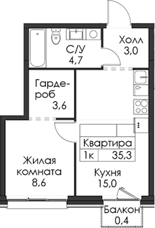 1-комнатная квартира 35.3 м², 6/12 эт., ЖК «Шкиперский 19»